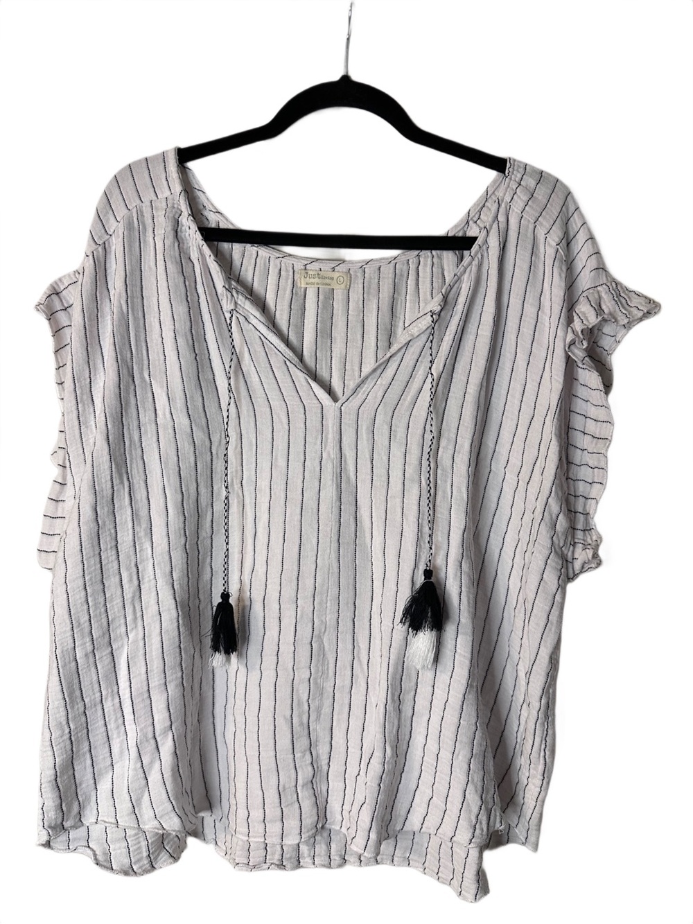 Just Living White and Black Striped Tassel V-Neck Blouse